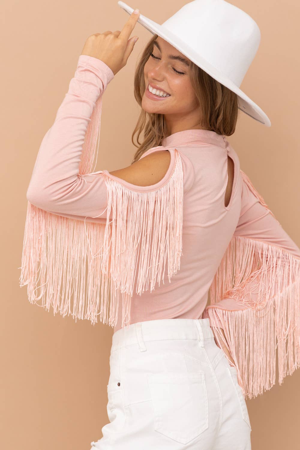 Rayon Jersey Mock Neck Shoulder Fringe Bodysuit
